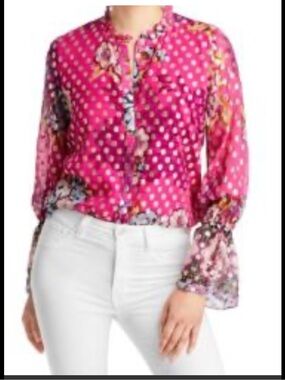 Kobi Halperin large pink metallic dots ruffled front button floral blouse.
